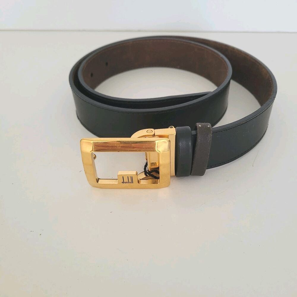 Dunhill Vintage Belt Gold Tone Brass Round Logo 30/70 Slim Dress‎ Black Leather